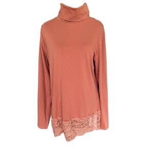 Sundance Turtleneck Stretch Lace Hem Top Sz XL Dusty Rose Boho Layering Feminine